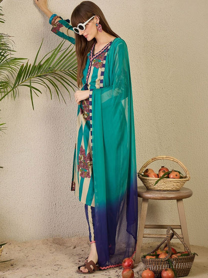 Women Printed Regular Thread Work Pure Cotton Kurta with Trousers & With Dupatta