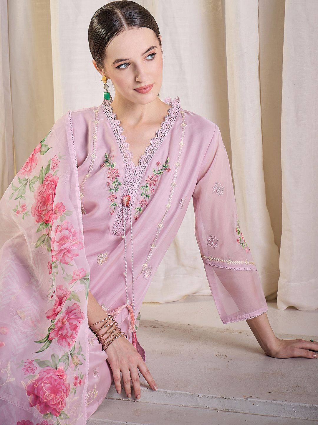 Floral Embroidered Thread Work Kurta With Trousers & Dupatta