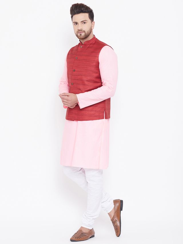 Men's Pink Cotton Blend Straight Jacket  Kurta and Pyjama Set