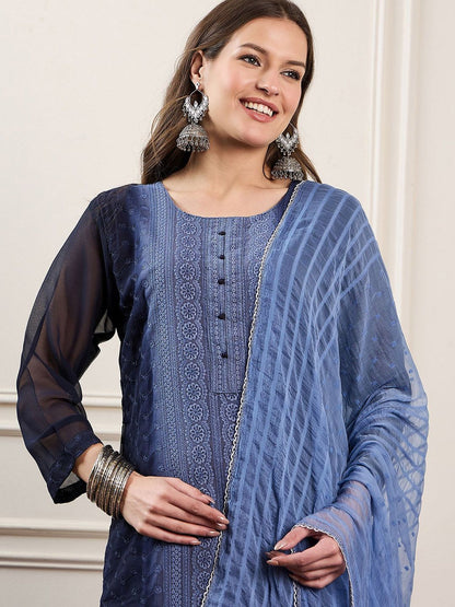 Dhiyona PD Women Embroidered Ombre & Schiffli Straight Kurta With Trousers And Dupatta
