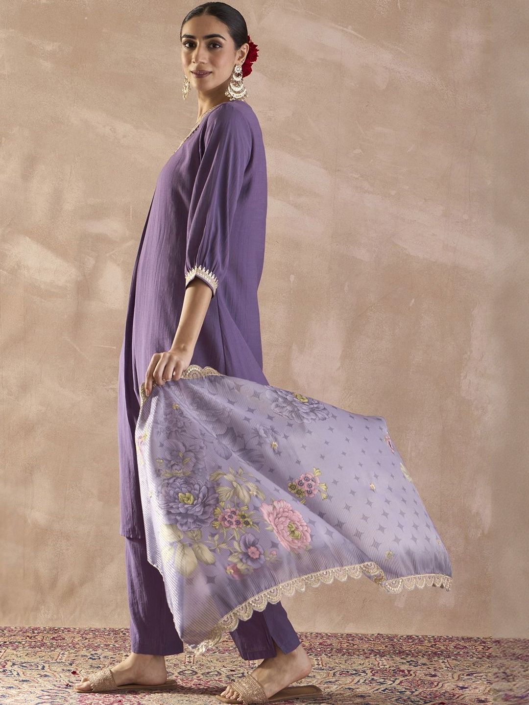 Sequinned A-Line Kurta With Trousers & Dupatta