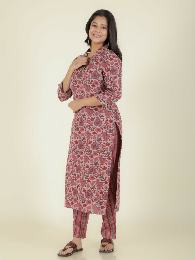 Women's Straight Linen Cotton Floral Print Women's Kurta Set - Grey