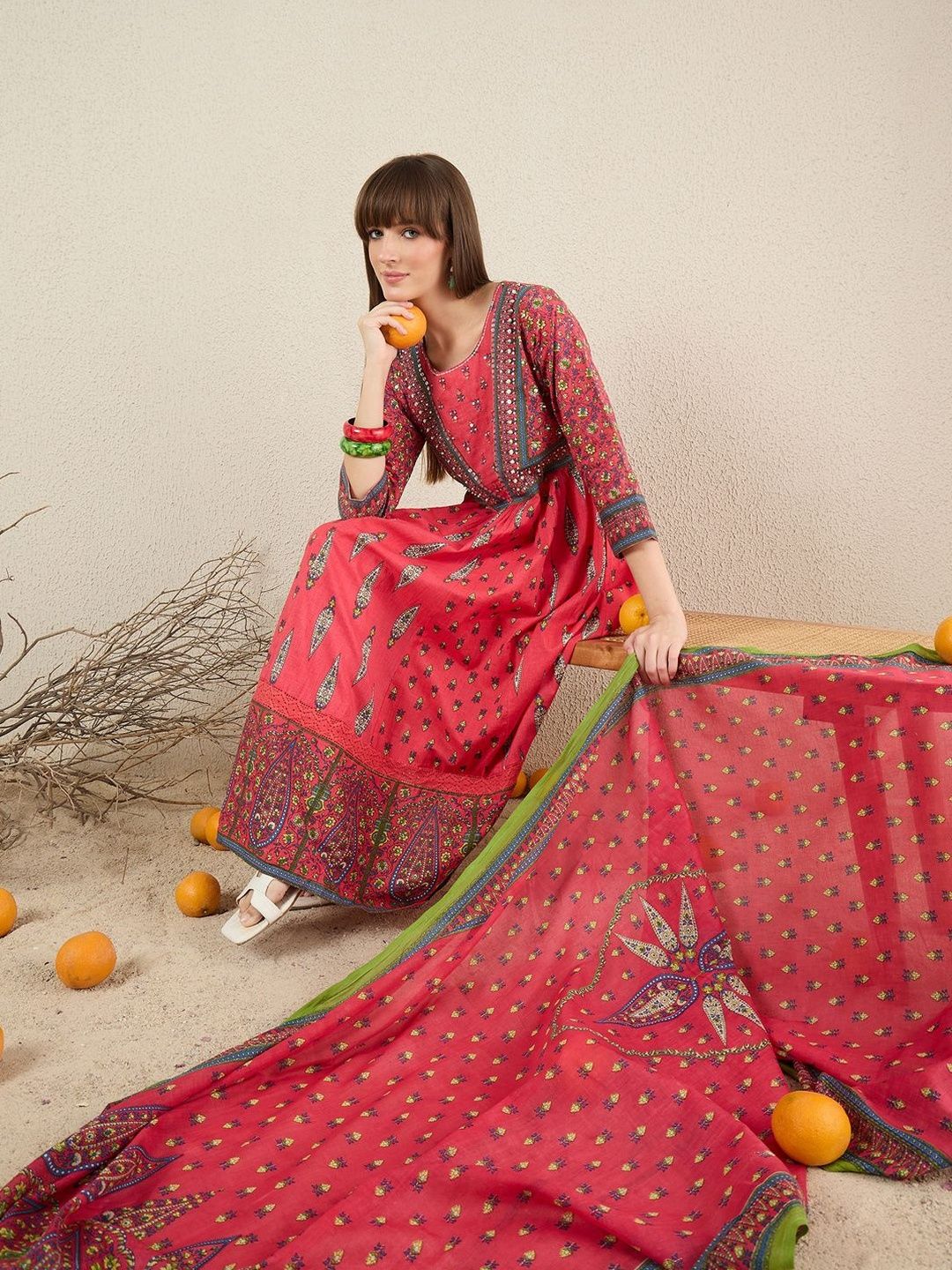 Women Ethnic Motifs Printed Panelled Pure Cotton Kurta with Trousers & With Dupatta
