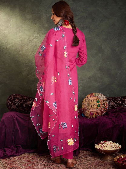 Women Floral Printed Cotton A-Line Kurta with Trousers & Dupatta