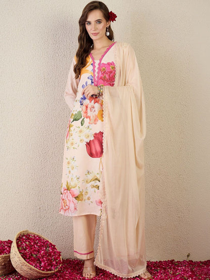 Women Floral Printed Regular Linen Kurta with Trousers & With Dupatta