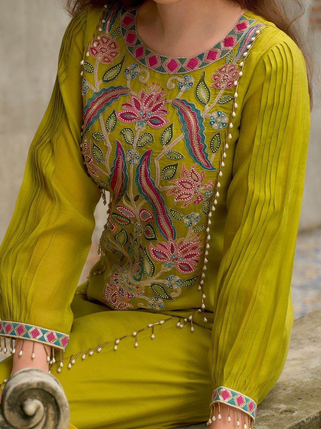 Floral Embroidered A-Line Round Neck Beads & Stones Kurta With Trousers & Dupatta
