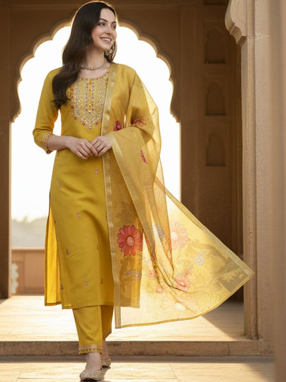 Floral Embroidered Thread Work Straight Kurta With Trousers & Dupatta