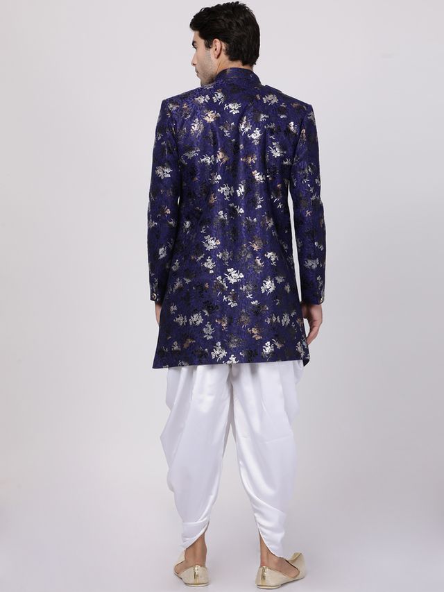 Men's Blue Polyester Lurex Blend Asymmetric Sherwani Set