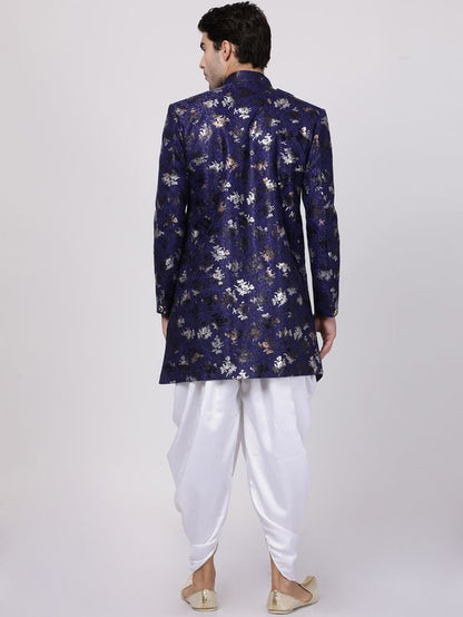 Men's Blue Polyester Lurex Blend Asymmetric Sherwani Set