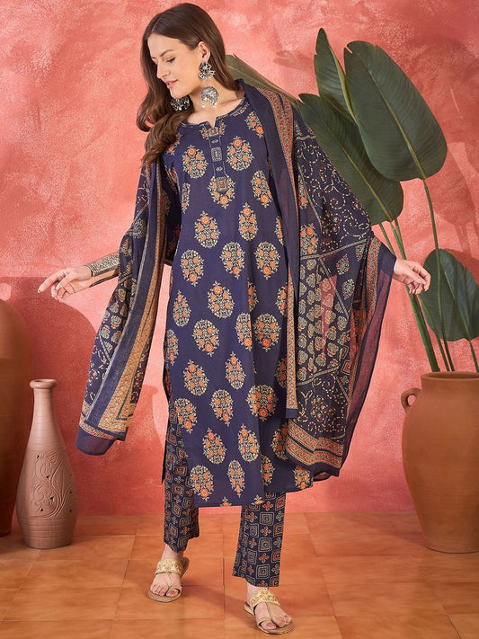 Dhiyona SN Women's Ethnic Motifs Printed Pure Cotton Straight Kurta With Trousers & Dupatta