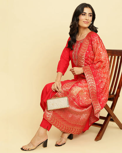 Dhiyona VR Women's Burgundy Embroidered Kurta Paired With Dupatta And Sharara