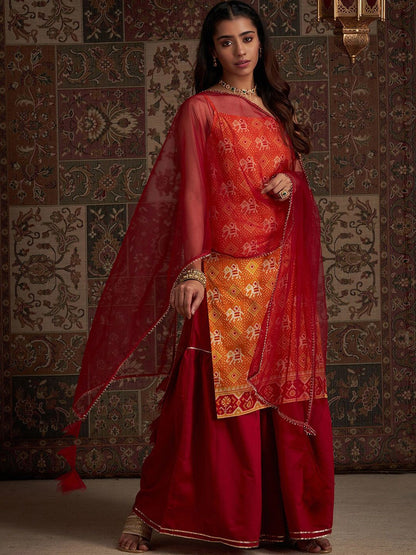 Dhiyona IE Orange Geometric Printed Shoulder Strap Kurta with Sharara & Dupatta