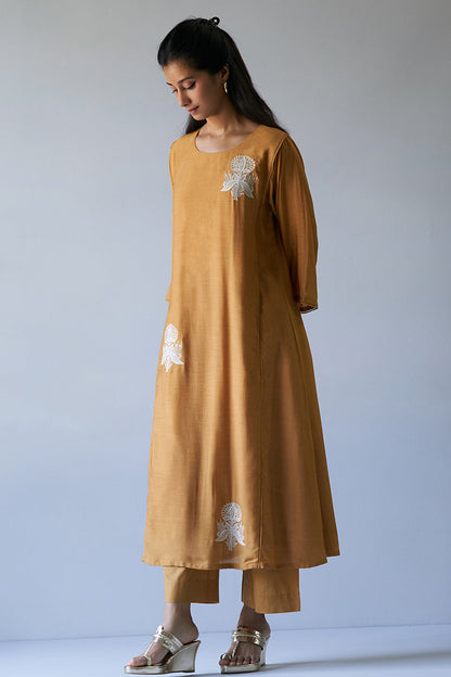Women's Inca Gold Bemberg Silk Co-ord Set With Applique Work
