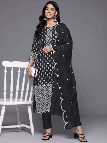 Dhiyona VA Women'sFloral Printed Thread Work Pure Silk Kurta With Trousers & Dupatta