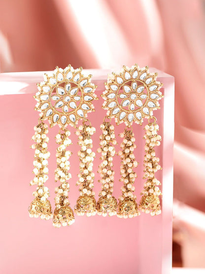 Dhiyona RJ Women's 22K Gold Plated Handcrafted Kundan Studded Floral Design 3-Layered Jhumkas Earrings