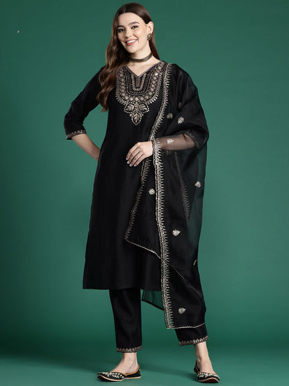 Dhiyona IE Ethnic Motifs Embroidered Liva Kurta with Trousers & With Dupatta