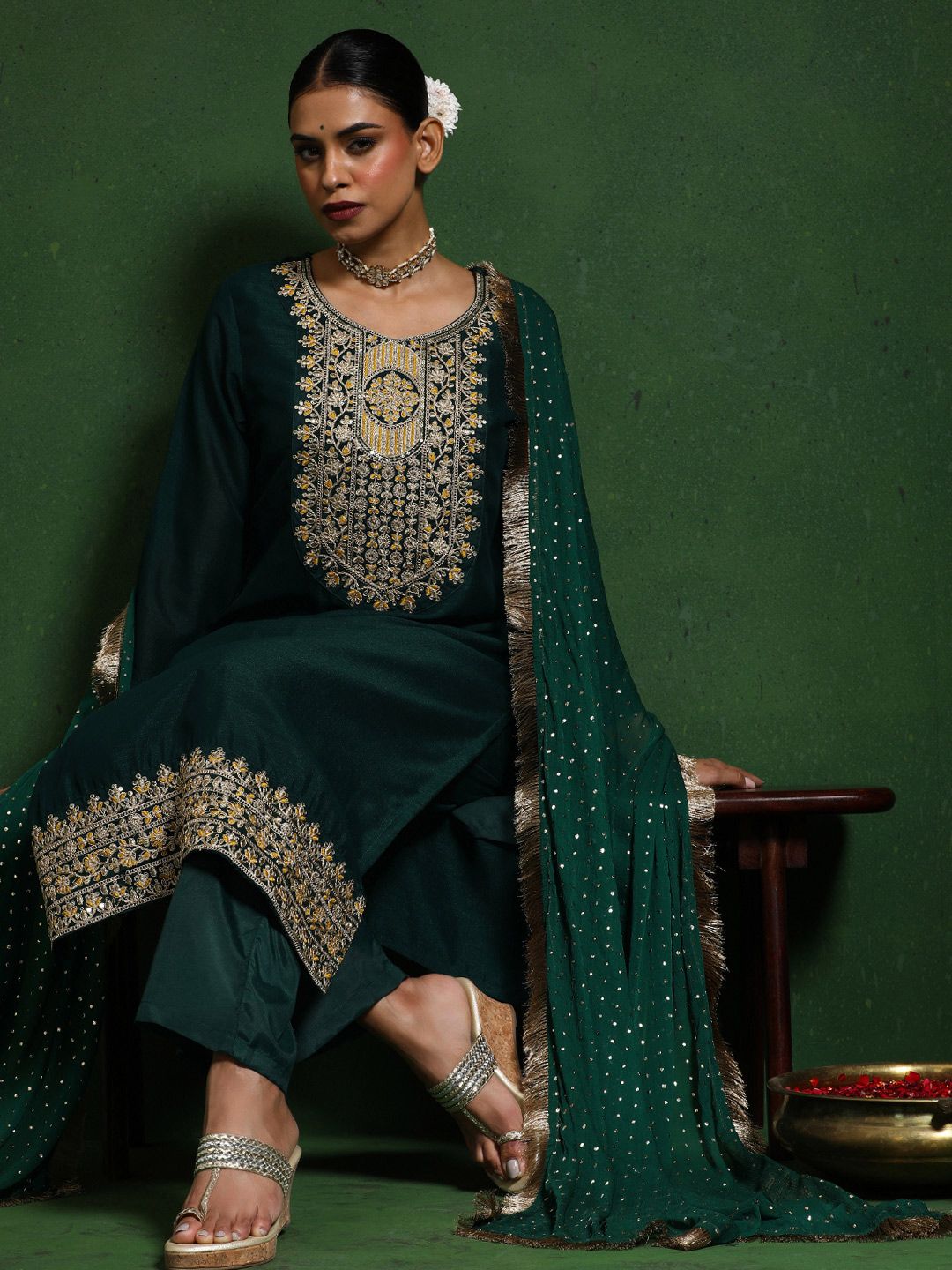 Dhiyona VA Women'sFloral Embroidered Cotton Silk Zari Work Straight Kurta With Trousers & Dupatta