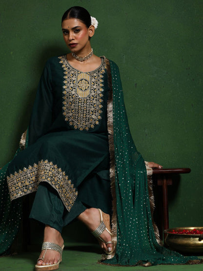 Dhiyona VA Women'sFloral Embroidered Cotton Silk Zari Work Straight Kurta With Trousers & Dupatta