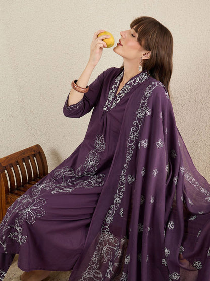Dhiyona IE Women Solid Embroidered Cotton Kurta with Trousers & Dupatta