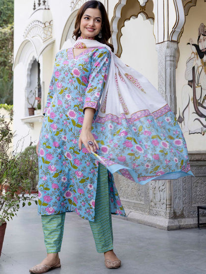 Dhiyona IE Women Floral Printed Regular Mirror Work Pure Cotton Kurta with Trousers & With Dupatta