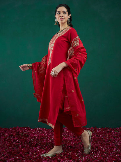 Dhiyona IE Red Ethnic Motifs Embroidered Regular Kurta with Trousers & Dupatta