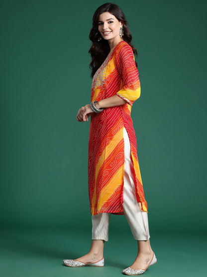 Dhiyona IE Bandhani Printed Zari Georgette Kurta