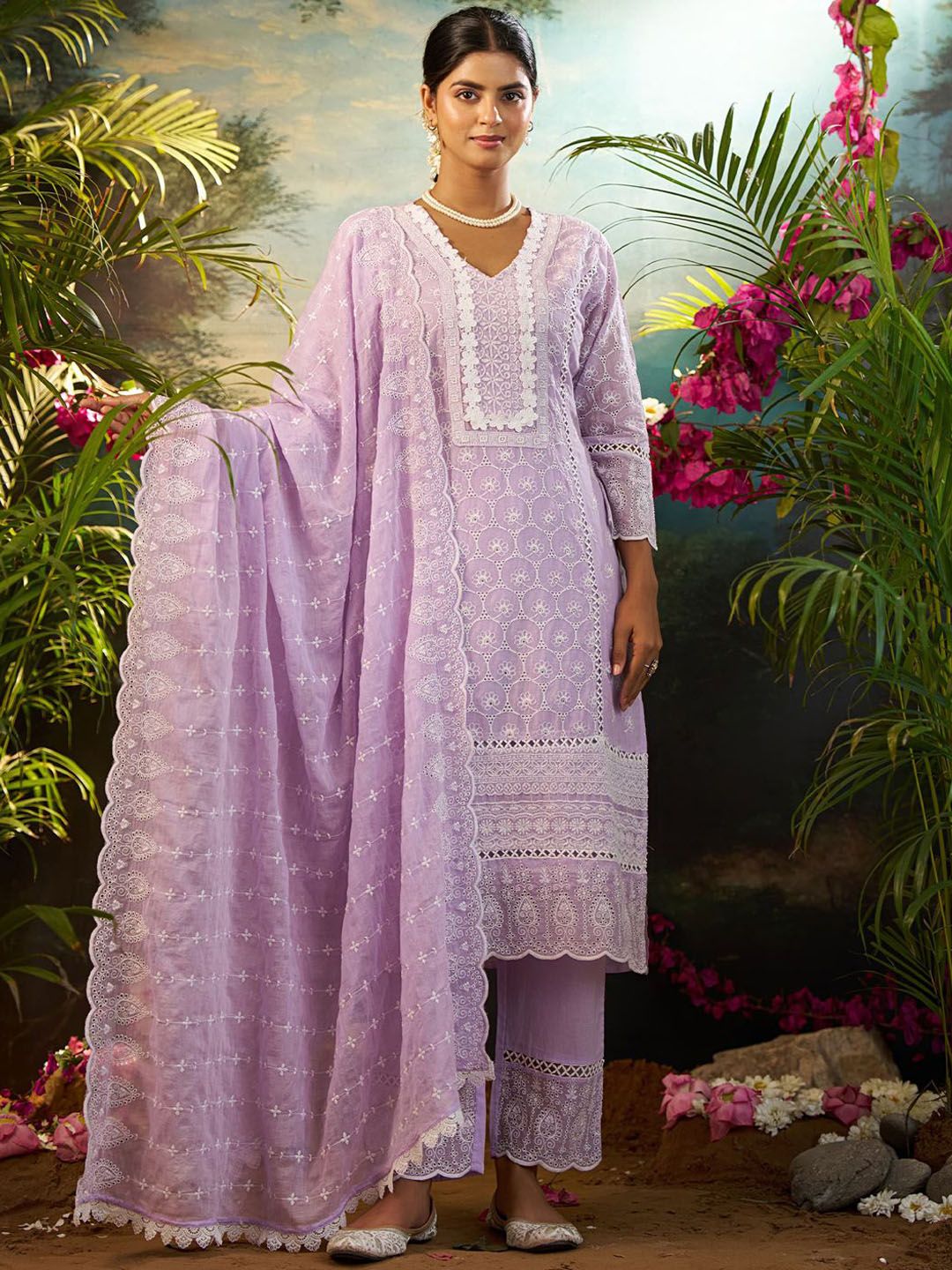 Women Ethnic Motifs Embroidered Cotton Kurta with Trousers & Dupatta