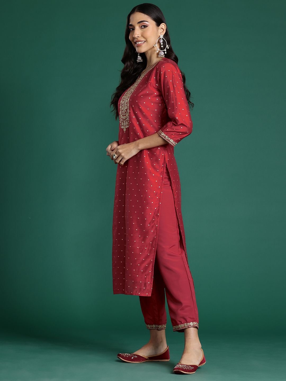 Embroidered Chanderi Silk Kurta With Trousers & Dupatta