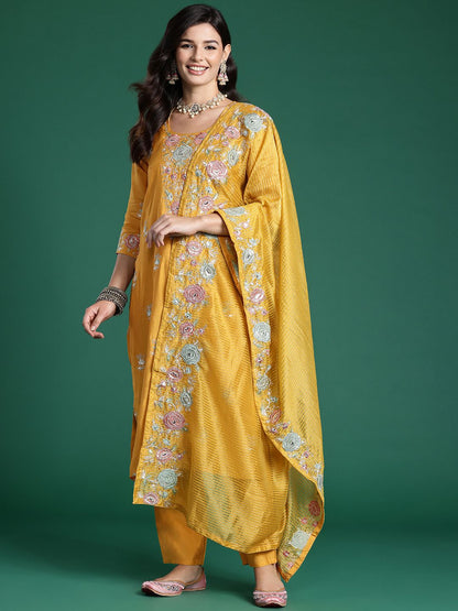 Dhiyona IE Floral Embroidered Sequinned Kurta With Trousers & Dupatta