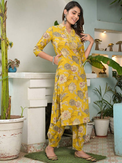 Dhiyona VA Women's Floral Printed Regular Mirror Work Pure Cotton Kurta with Salwar & With Dupatta