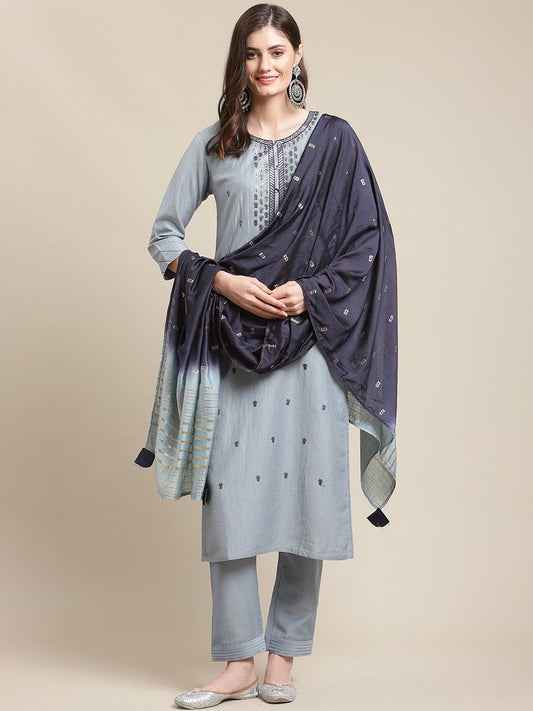 Dhiyona VA Women's Grey & Navy Blue Floral Embroidered Kurti with Trousers & With Dupatta