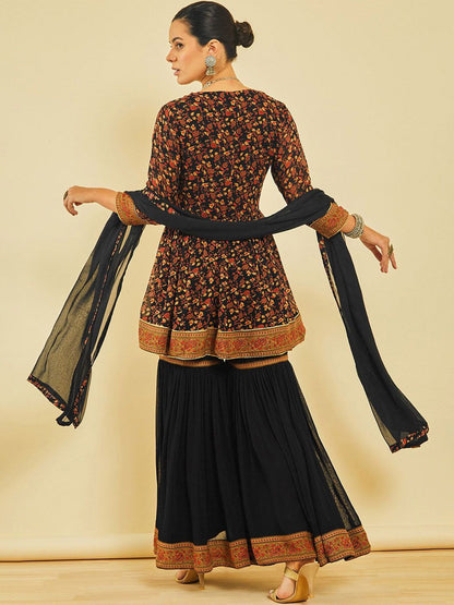 Dhiyona SO Women's Women Floral Printed Pleated Beads and Stones Kurta with Sharara & With Dupatta