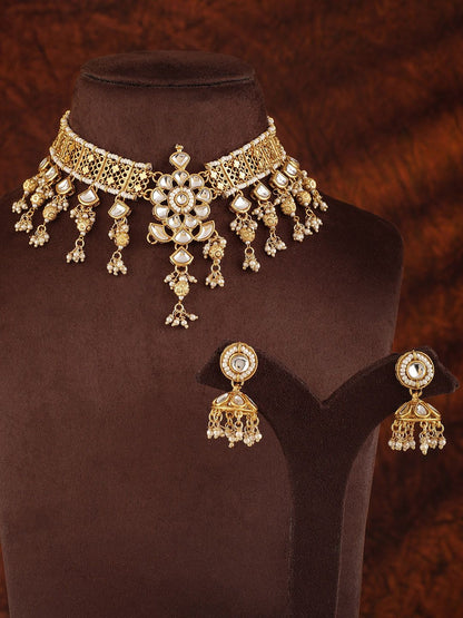 Dhiyona RJ Women's 22K Gold-Plated White Kundan Studded & Pearl Beaded Handcrafted Choker JewellerySet