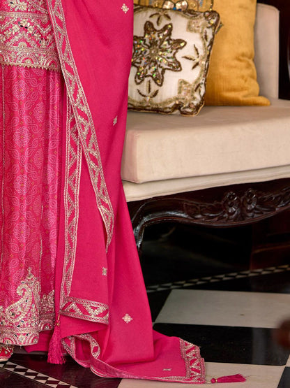 Paisley Embroidered Sequinned Chinon Straight Kurta With Palazzos & Dupatta