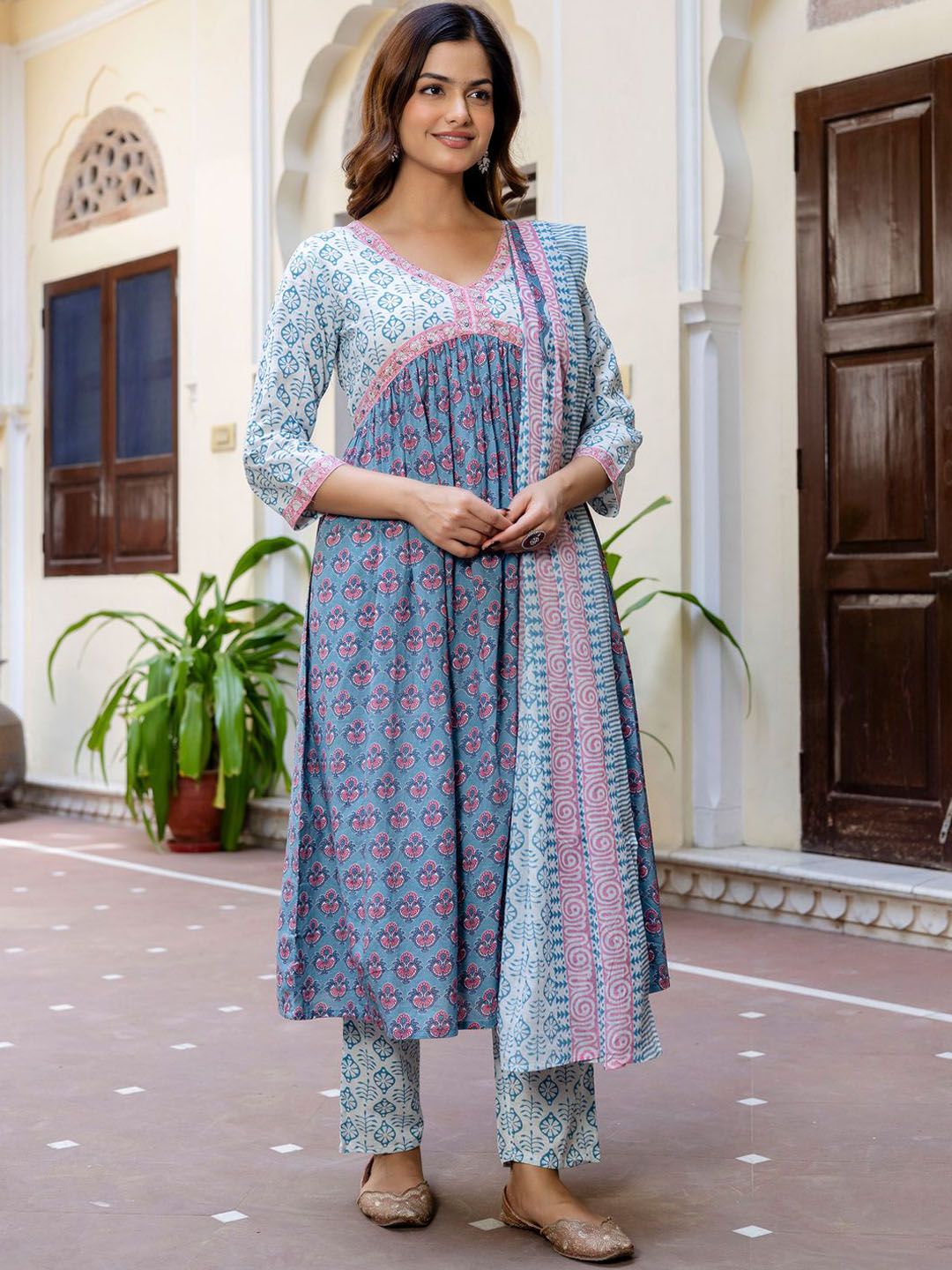 Floral Printed Empire Pure Cotton A-Line Kurta With Trousers & Dupatta