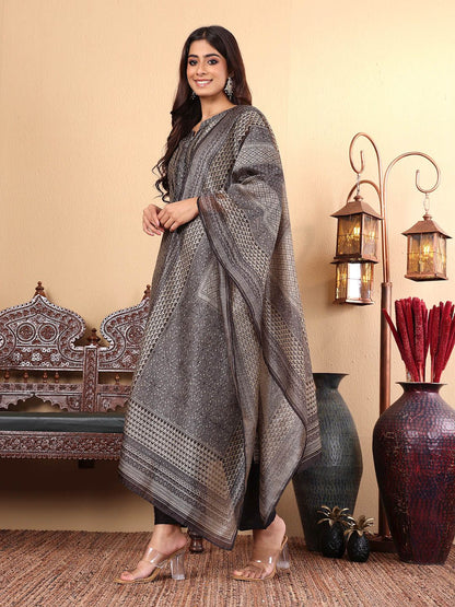 Dhiyona VA Women'sEthnic motifs Printed Chanderi Silk Straight Kurta with Trousers & Dupatta