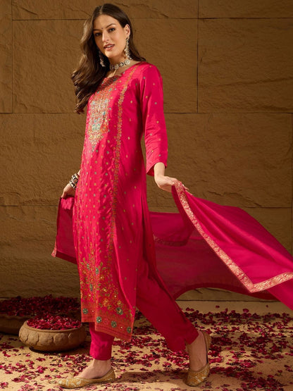Dhiyona PD Women Floral Woven Design Kurta With Trouser And Dupatta Set