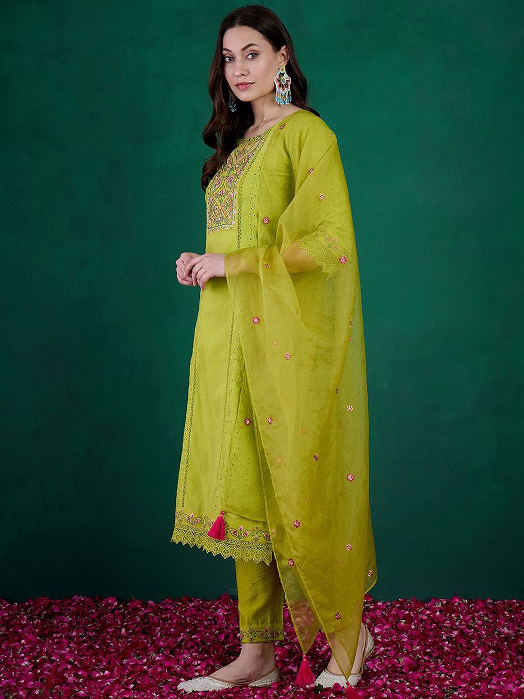Dhiyona SN Women's Lime Green Floral Embroidered Straight Kurta With Trouser & Dupatta