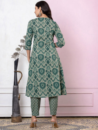 Dhiyona VA Women's Printed Regular Thread Work Pure Cotton Kurta with Trousers & With Dupatta