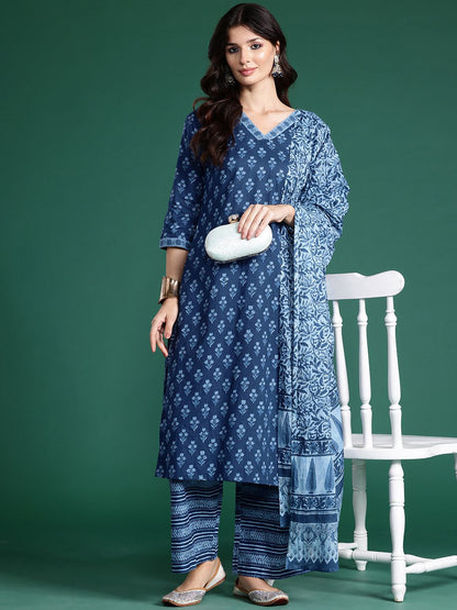 Floral Printed Pure Cotton Kurta With Palazzos & Dupatta