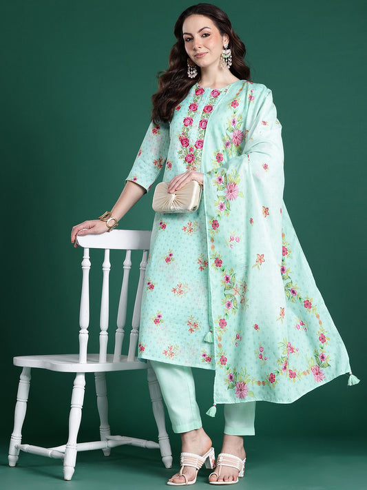 Dhiyona IE Floral Embroidered Thread Work Linen Kurta with Trousers & With Dupatta