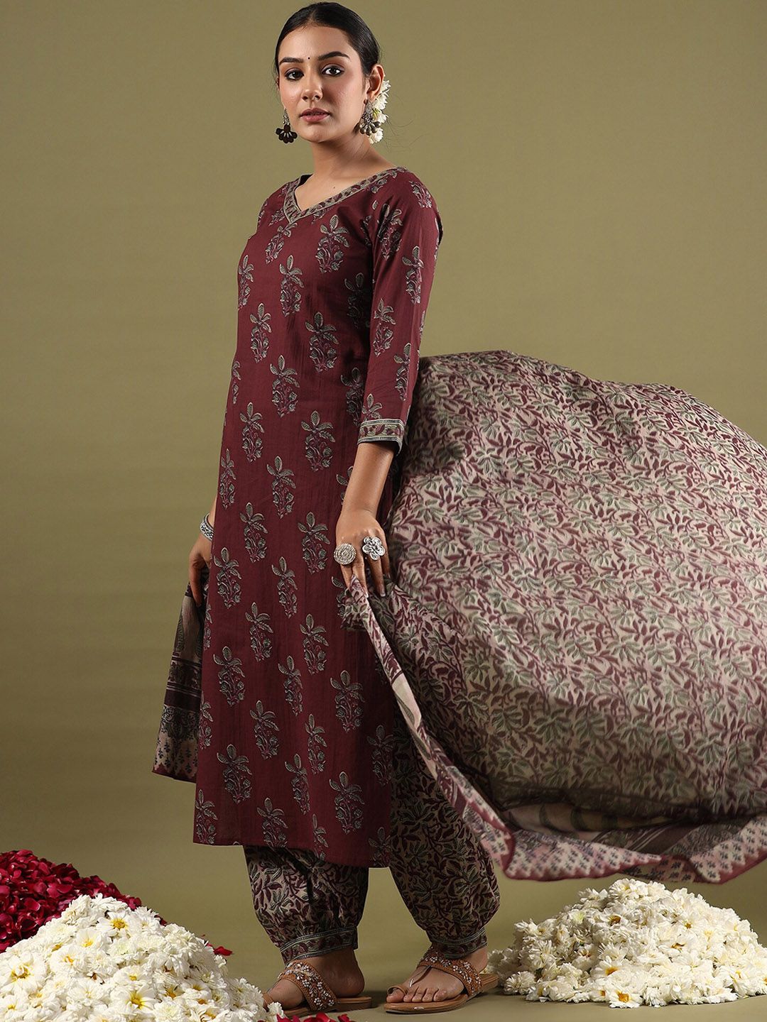 Floral Printed V-Neck Pure Cotton Straight Kurta with Salwar & Dupatta