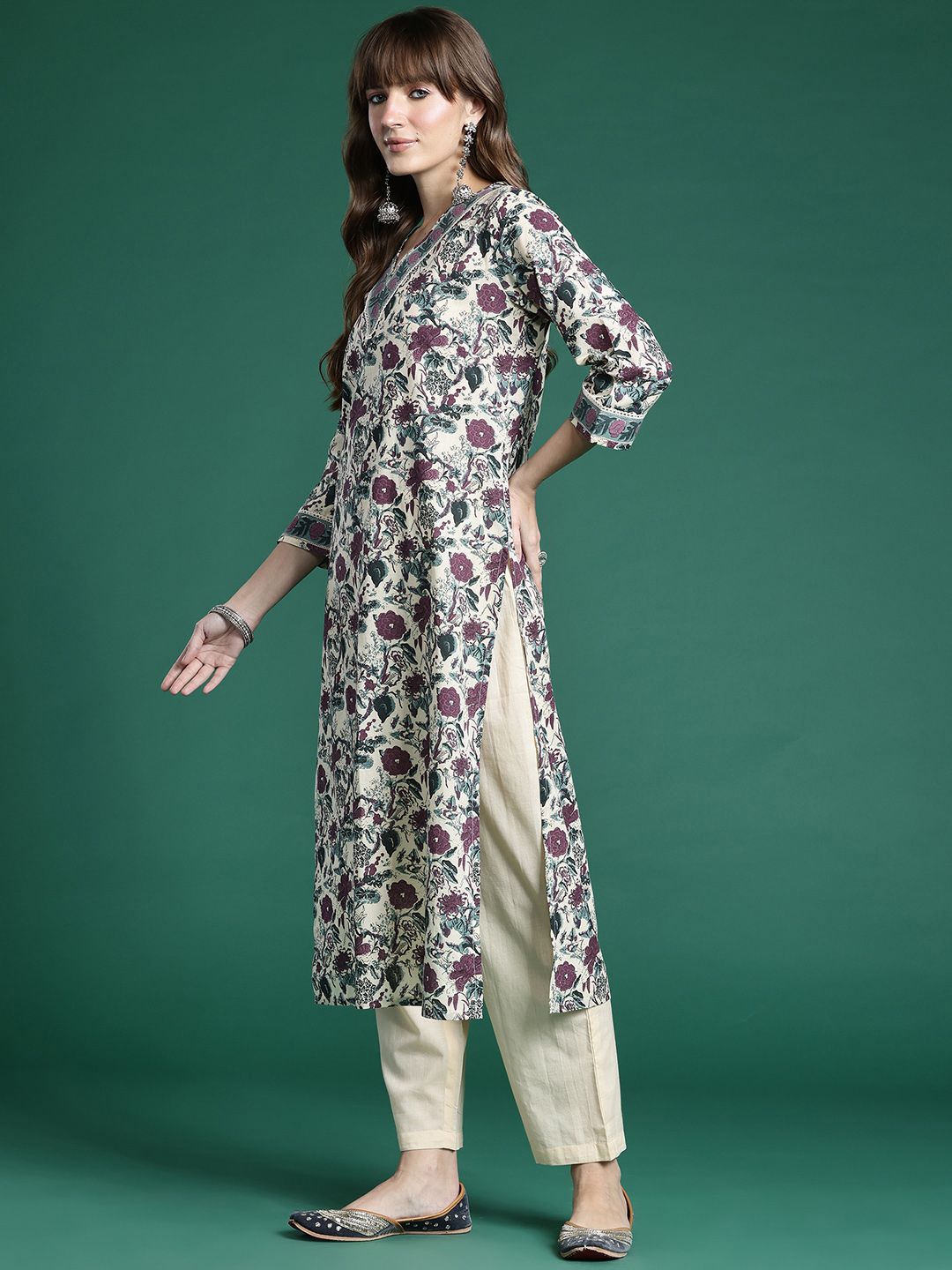 Dhiyona IE Floral Printed Regular Pure Cotton Kurta with Trousers & Dupatta