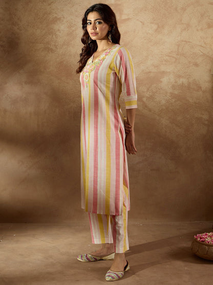 Dhiyona IE Floral Embroidered Striped Pure Cotton V-Neck Straight Kurta With Trousers
