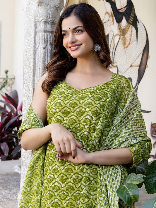 Dhiyona IE Floral Printed V-Neck Pure Cotton Straight Kurta With Trouser And Dupatta