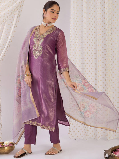 Dhiyona IE Paisley Yoke Design V-Neck Zari Straight Kurta With Trouser And Dupatta