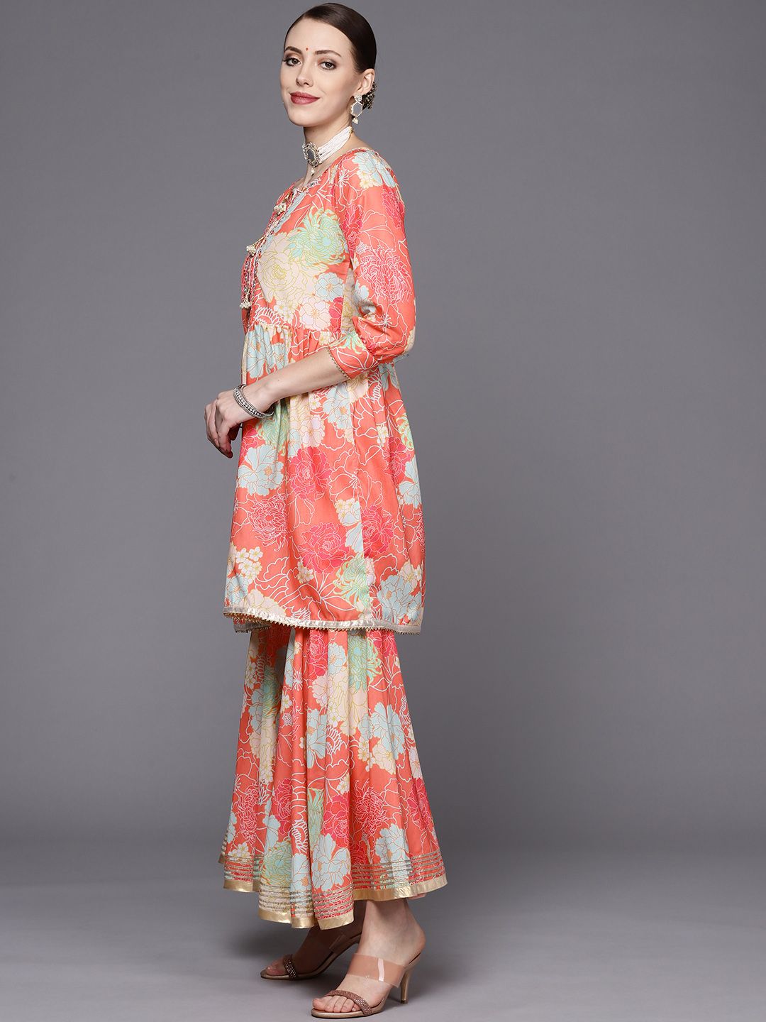 Dhiyona VA Women's Coral Floral Printed Empire Mirror Work Kurta with Sharara & With Dupatta