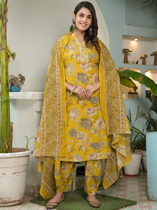 Dhiyona VA Women's Floral Printed Regular Mirror Work Pure Cotton Kurta with Salwar & With Dupatta