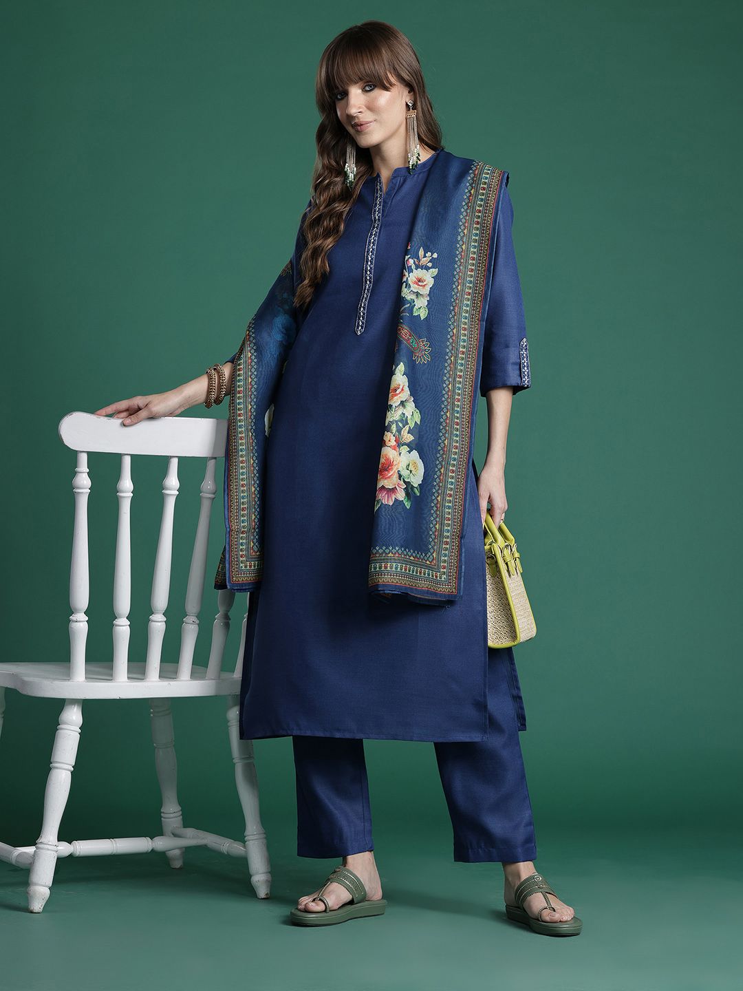 Ethnic Motifs Yoke Design Zari Kurta with Trousers & With Dupatta