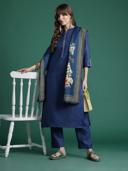 Ethnic Motifs Yoke Design Zari Kurta with Trousers & With Dupatta